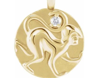 14K Yellow Gold .015 CT Natural Diamond Chinese Zodiac Year of the Monkey Pendant Necklace