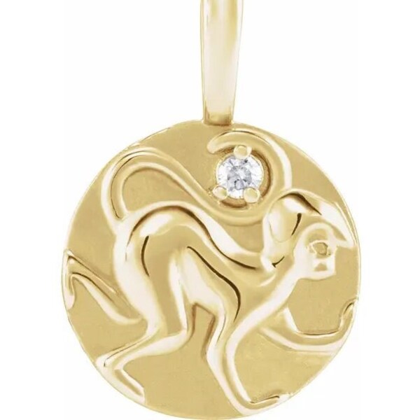 14K Gelbgold .015 CT Naturdiamant Chinesisches Sternzeichen Jahr des Affen Anhänger Halskette