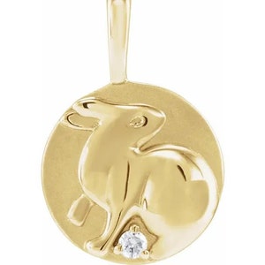 14K Yellow Gold .015 CT Natural Diamond Chinese Zodiac Year of the Rabbit Pendant Necklace
