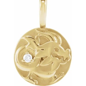 14K Yellow Gold .015 CT Natural Diamond Chinese Zodiac Year of the Dragon Pendant Necklace