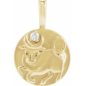 14K Yellow Gold .015 CT Natural Diamond Chinese Zodiac Year of the Ox Cow Pendant Necklace