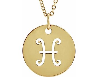 Collar con dije/colgante de disco del zodiaco Piscis de oro amarillo de 14 quilates de 16,5 mm