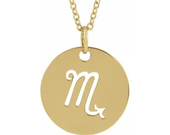 Colar com pingente/pingente de disco do zodíaco em ouro amarelo 14K 16,5 mm Escorpião Escorpião