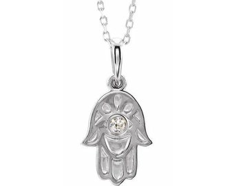 Sterling Silver .03 CTW Natural Diamond Hamsa Charm Pendant Necklace