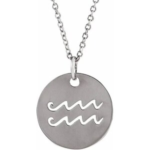 Sterling Silver 16.5 mm Aquarius Zodiac Disc Charm/Pendant Necklace