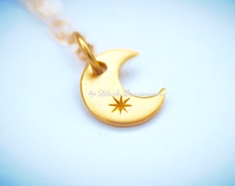 Crescent Moon Necklace - 24k Gold Plated Sterling Silver Vermeil Charm -  14K Gold Filled Chain - Insurance Included