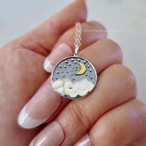 Sterling Silver Mountain Pendant with Bronze Moon Necklace Solid 925 Sterling Silver & Bronze Pendant Insurance Included image 1