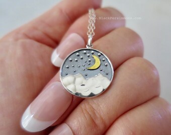 Sterling Silver Mountain Pendant with Bronze Moon Necklace - Solid 925 Sterling Silver & Bronze Pendant - Insurance Included