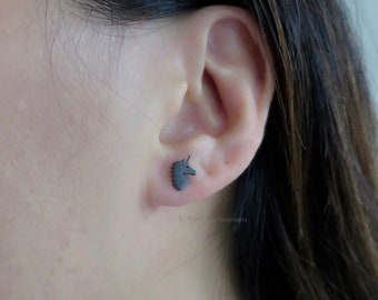 Hand Oxidized Unicorn Stud Earrings - Patina Solid 925 Sterling Silver - Insurance Included