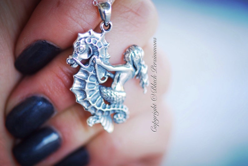 Insurance Included Sterling Silver Aquatic Creature Charm Pendant Mermaid Riding Seahorse Necklace