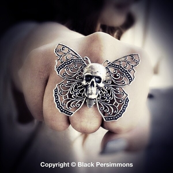 Yriyega Filigree Butterfly Skull Ring No. 5 - Soldered Antique Sterling Silver Plated American Brass -  Insurance Included