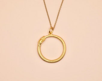 Ouroboros Snake Ring Necklace - Satin 24k Gold Plated Sterling Silver - Insurance Included