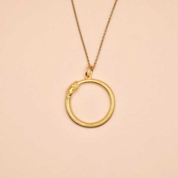 Ouroboros Snake Ring Necklace - Satin 24k Gold Plated Sterling Silver - Insurance Included