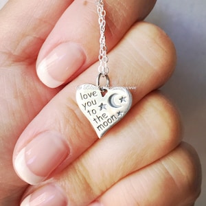 Love You to the Moon Heart Necklace - Solid 925 Sterling Silver Stars Moon Heart Charm -  Insurance Included