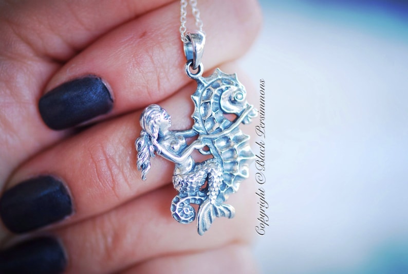 Insurance Included Sterling Silver Aquatic Creature Charm Pendant Mermaid Riding Seahorse Necklace