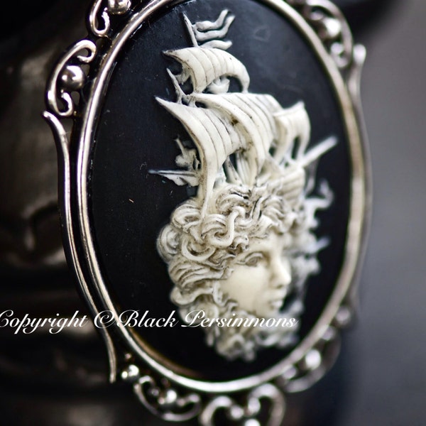 Lady of the Sea Gothic Necklace - Sailing Pirate Ship Cameo 40x30mm - 2 Setting Colors - Insurance Included