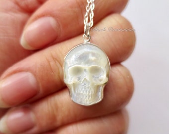 Medium Hand Carved Mother of Pearl Skull Necklace - 925 Sterling Silver Cranium Skeleton Pendant - Insurance Included