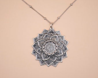 Solid 925 Sterling Silver Large Lotus Mandala Pendant Necklace