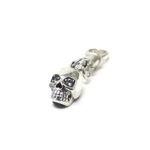 May include: A silver skull keychain with a black eye detail and a silver clip.