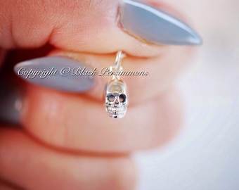 Solid 925 Sterling Silver Tiny Skull Charm Necklace, 15x6mm
