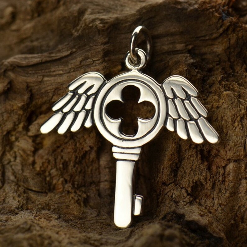 Winged Gothic Key Necklace Solid 925 Sterling Silver Charm Etsy