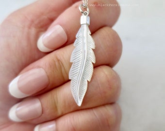 Hand Carved Mother of Pearl Feather Necklace - Sterling Silver Pendant - Insurance Included