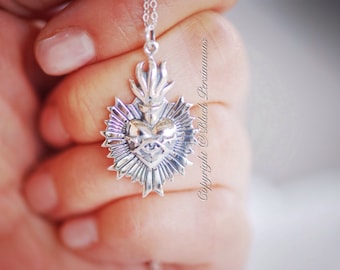 Sacred Flaming Heart with Thorns Necklace - Sterling Silver Charm Pendant - Insurance Included