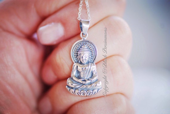 Zirconia Shakyamuni Buddha Pendant 1mm With Link Chain Solid 925 Sterling Silver 