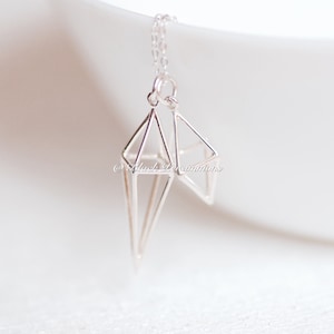 Solid 925 Sterling Silver 3D Short Diamond Cage Pendant Necklace - Insurance Included