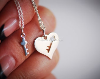 Mother Daughter Heart & Key Cut Necklace - Solid 925 Sterling Silver Charms - Insurance Included