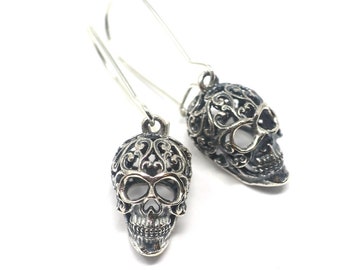 Solid Sterling Silver Sugar Skull Charm with Filigree Scroll Work Earrings