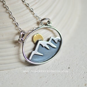 Solid 925 Sterling Silver Oval Mountain with Bronze Sun Pendant Necklace