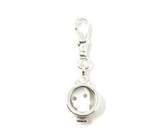 Petite Solid Sterling Silver Shaker Floating Glass Round Locket Pendant with Hand Carved Mother of Pearl Skull