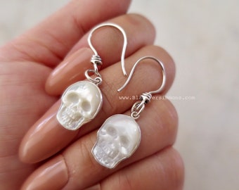 Small Hand Carved Mother of Pearl Skull Earrings - 925 Sterling Silver Cranium Skeleton Pendant - Insurance Included