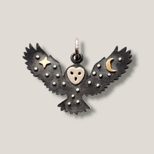 Owl with Bronze Star and Moon Charm  - Solid 925 Sterling Silver Auspicious Feng Shui Wisdom Symbol - Insurance Included