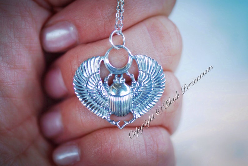 Egyptian Scarab with Wings Necklace Insurance Included Solid 925 Sterling Silver Pendant