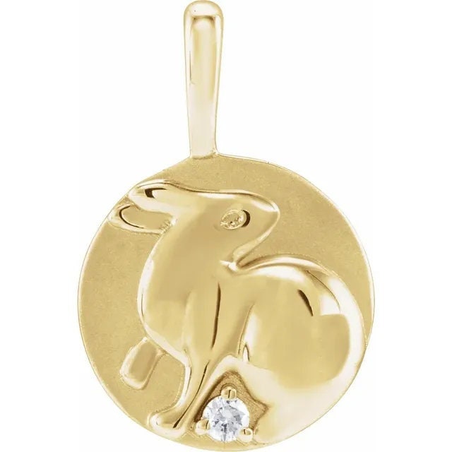 14K イエロー ゴールド 0.015 CT 天然ダイヤモンド 中国の干支 卯年 
