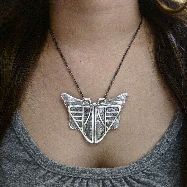 Mothra Necklace - Antique Sterling Silver Plated - Made in USA Brass Pendant