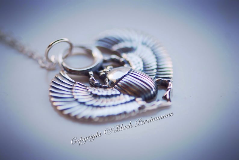 Egyptian Scarab with Wings Necklace Insurance Included Solid 925 Sterling Silver Pendant