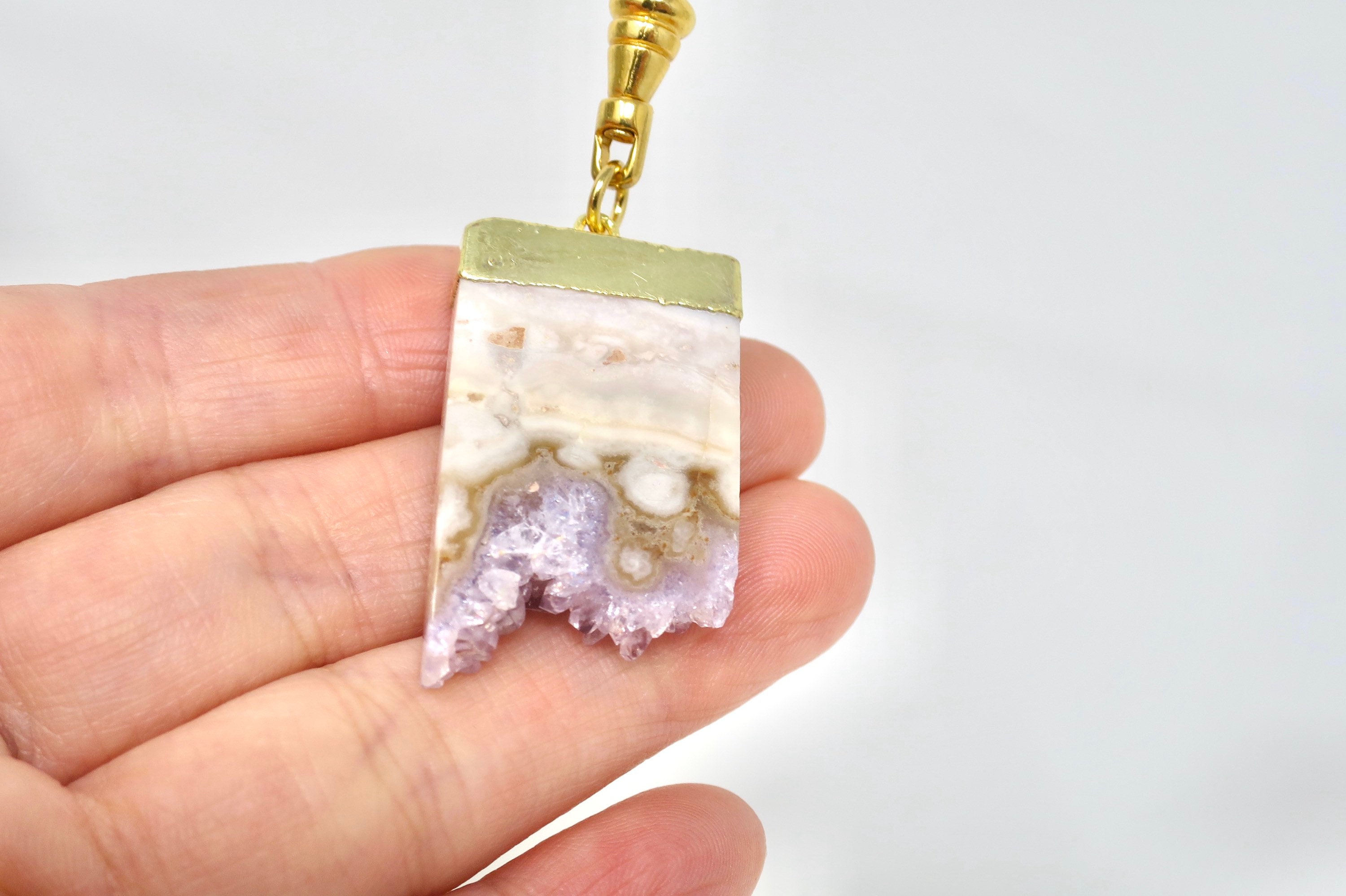 DR23CN Gold Plated Extra Quality 40mm Long Uruguayan Amethyst Slice Pendant 