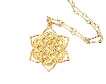 24K Gold Plated Sterling Silver Vermeil Openwork Lotus Flower Mandala, Renge, Lian Hua Pendant Necklace