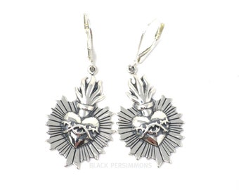 Solid 925 Sterling Silver Sacred Flaming Heart with Thorns Leverbacks Earrings