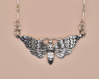 Deaths Head Moth Necklace - Solid 925  Sterling Silver Halloween Skully Pendant - Insurance Included
