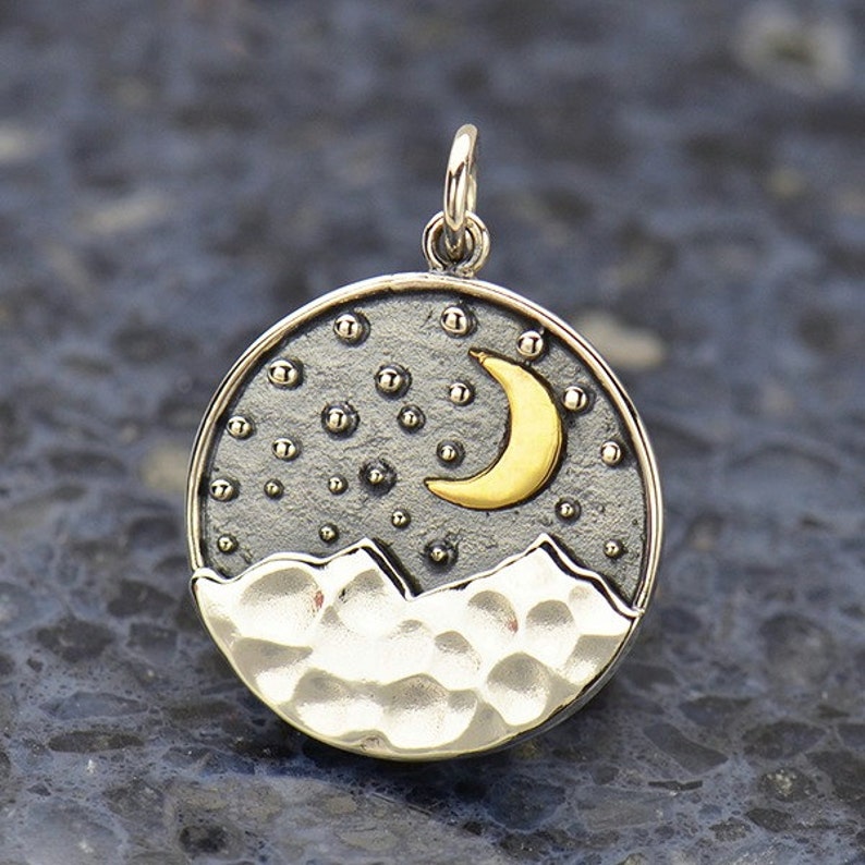 Sterling Silver Mountain Pendant with Bronze Moon Necklace Solid 925 Sterling Silver & Bronze Pendant Insurance Included image 3