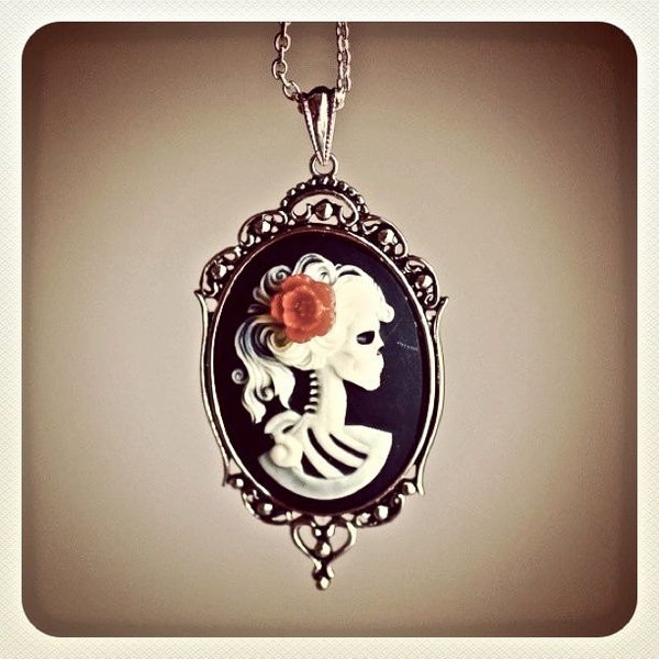 Miss Skeleton Gothic necklace - Lolita Zombie Cameo - 40x30mm - 6 Cameo Colors - 5 Flower Colors - Free Domestic Shipping