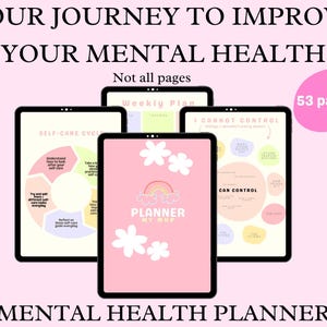May include: A pink and white digital planner with the text "Planner My MHP" and a rainbow graphic. The planner is divided into sections with titles like "Self-Care Cycle", "Weekly Plan", "I Cannot Control", and "Can Control". The planner is designed to help people improve their mental health. It has 53 pages.