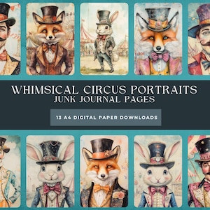 Portraits de cirque vintage fantaisistes, téléchargement numérique, papier journal indésirable, illustration numérique, maître de piste vintage, renard vintage, VintageBunny