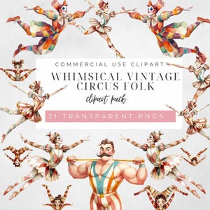 Grillige vintage circusartiesten in pasteltinten. Circus clipart, Circus Junk Journal, acrobaten, clowns, slangenmens, bebaarde dame,