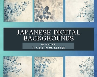 Papel digital floral japonés: fondos vintage azul grisáceos (descarga digital)