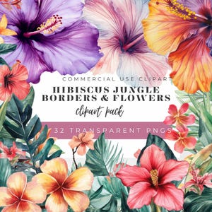 32 Hibiscus Flowers and Tropical Flowering Jungle Border Cliparts, perfect for invitations, art projects and junk journals, sublimation.
